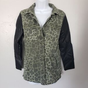 Divided by H&M Size 2 Jacket Black Faux Leather Sleeves Green Spotted Body